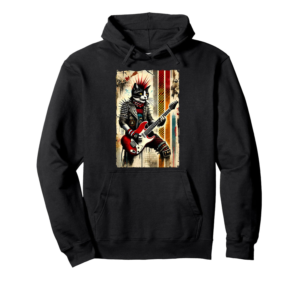 Distressed Cat Playing Guitar 90S Punk Hoodie - Unique Graphic for Adults - T-Shirt, Sweatshirt, Hoodie