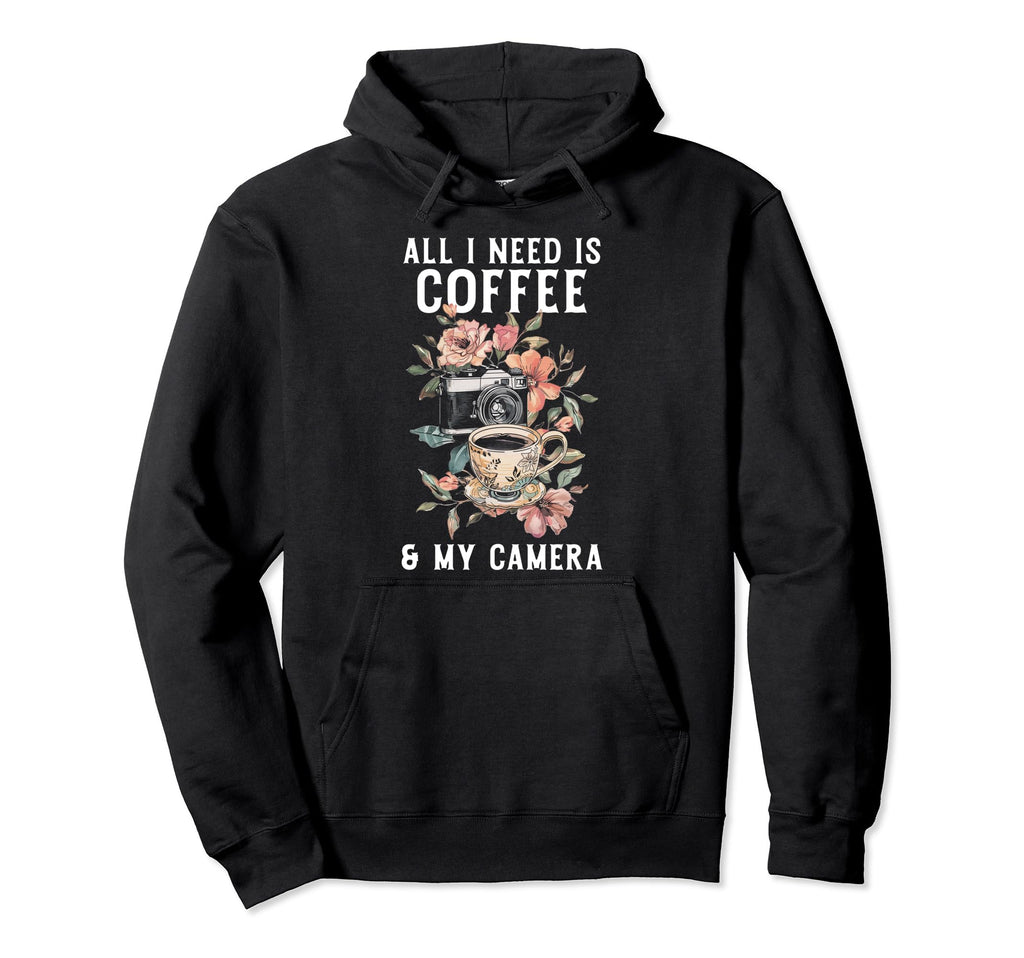 Coffee Camera Photographer Flowers Hoodie - Minimalist Print for Adults - T-Shirt, Sweatshirt, Hoodie