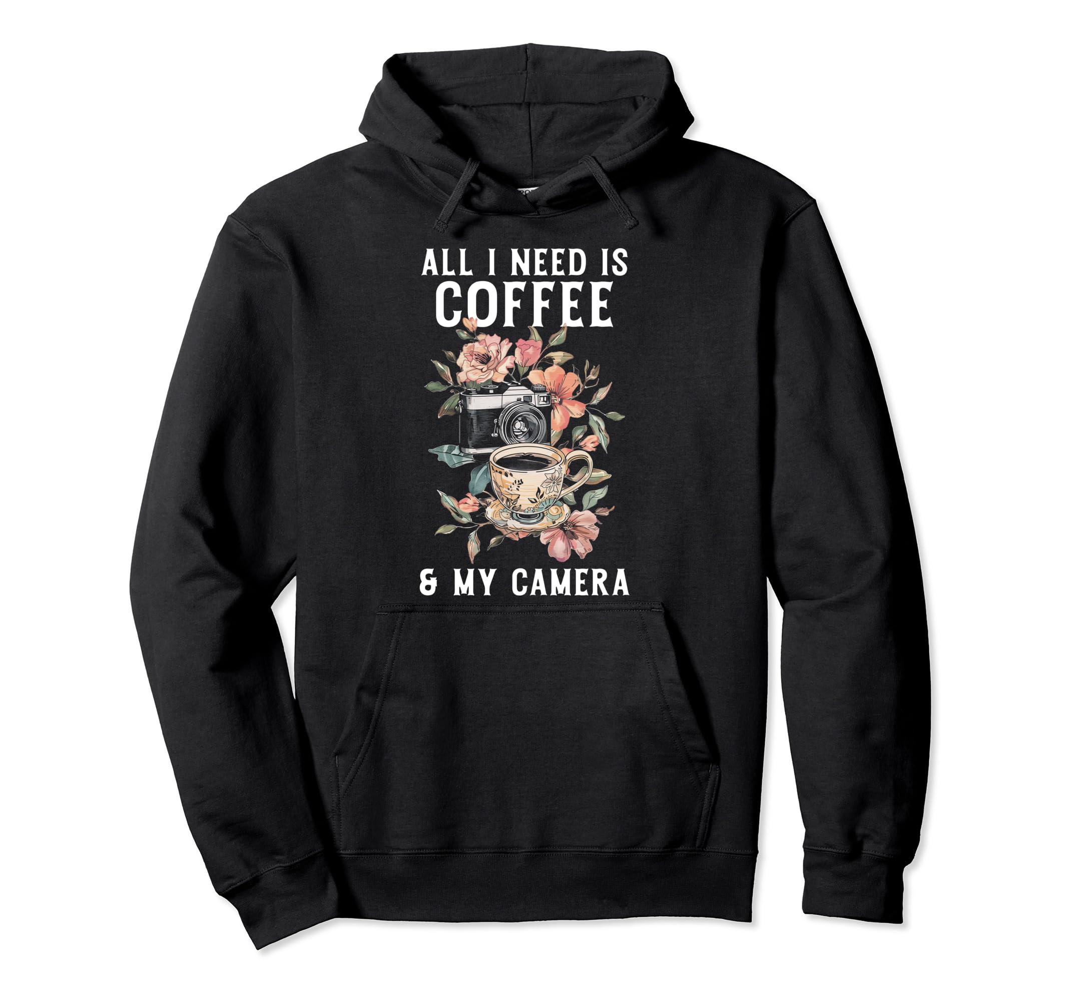 Coffee Camera Photographer Flowers Hoodie - Minimalist Print for Adults - T-Shirt, Sweatshirt, Hoodie