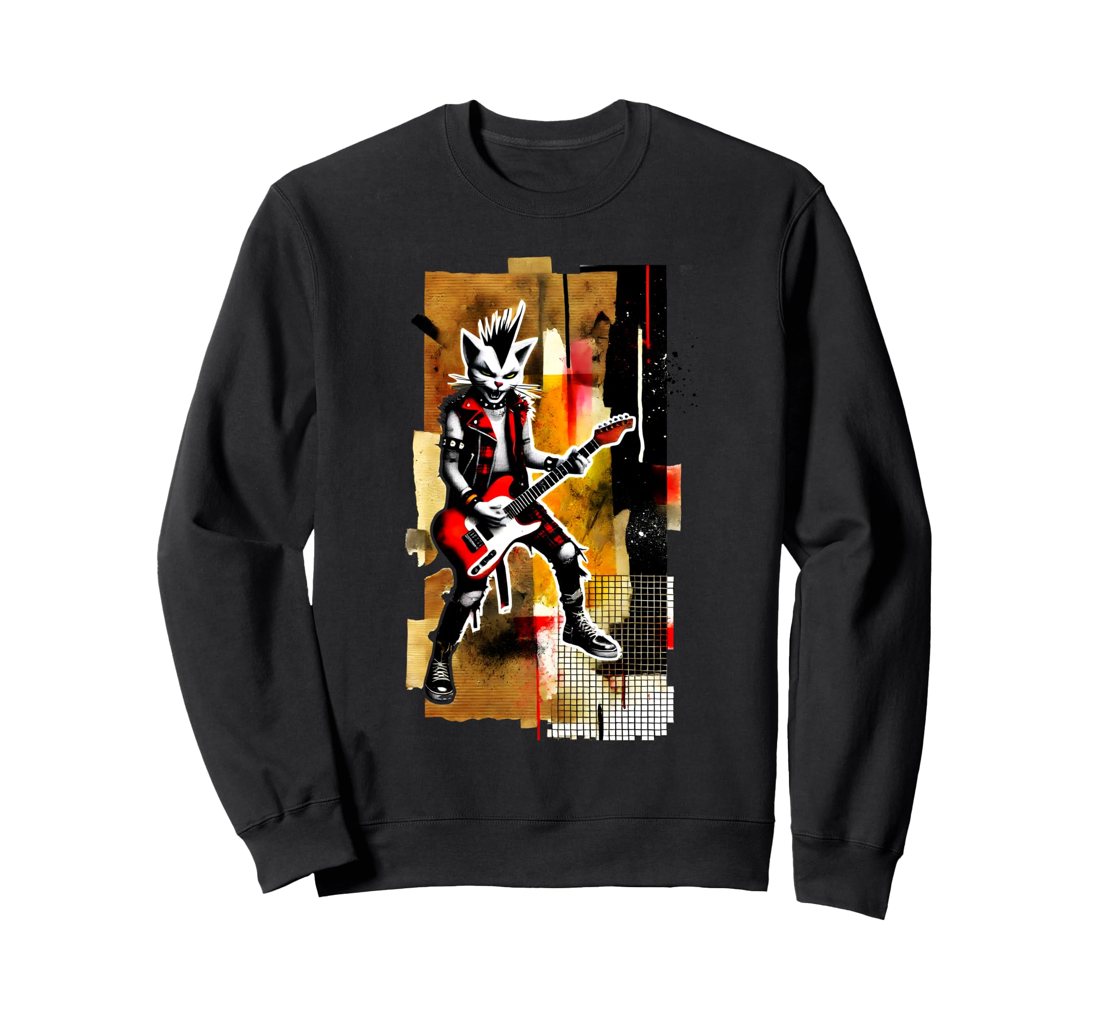 Distressed Cat Playing Guitar Sweatshirt - Minimalist Print for Adults - T-Shirt, Sweatshirt, Hoodie