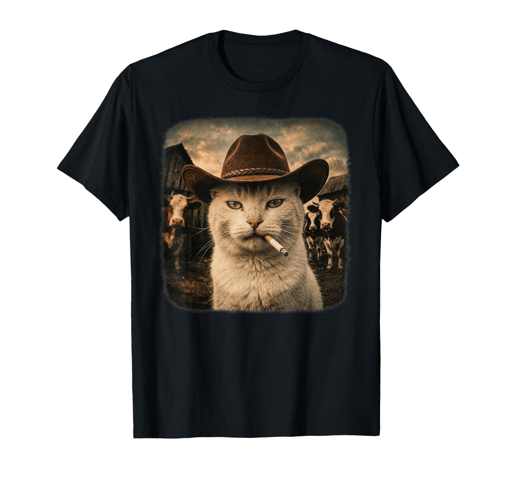 Funny Cowboy Cat Smoking Cigarette Meme T-Shirt - Unique Graphic Men Women - T-Shirt, Sweatshirt, Hoodie