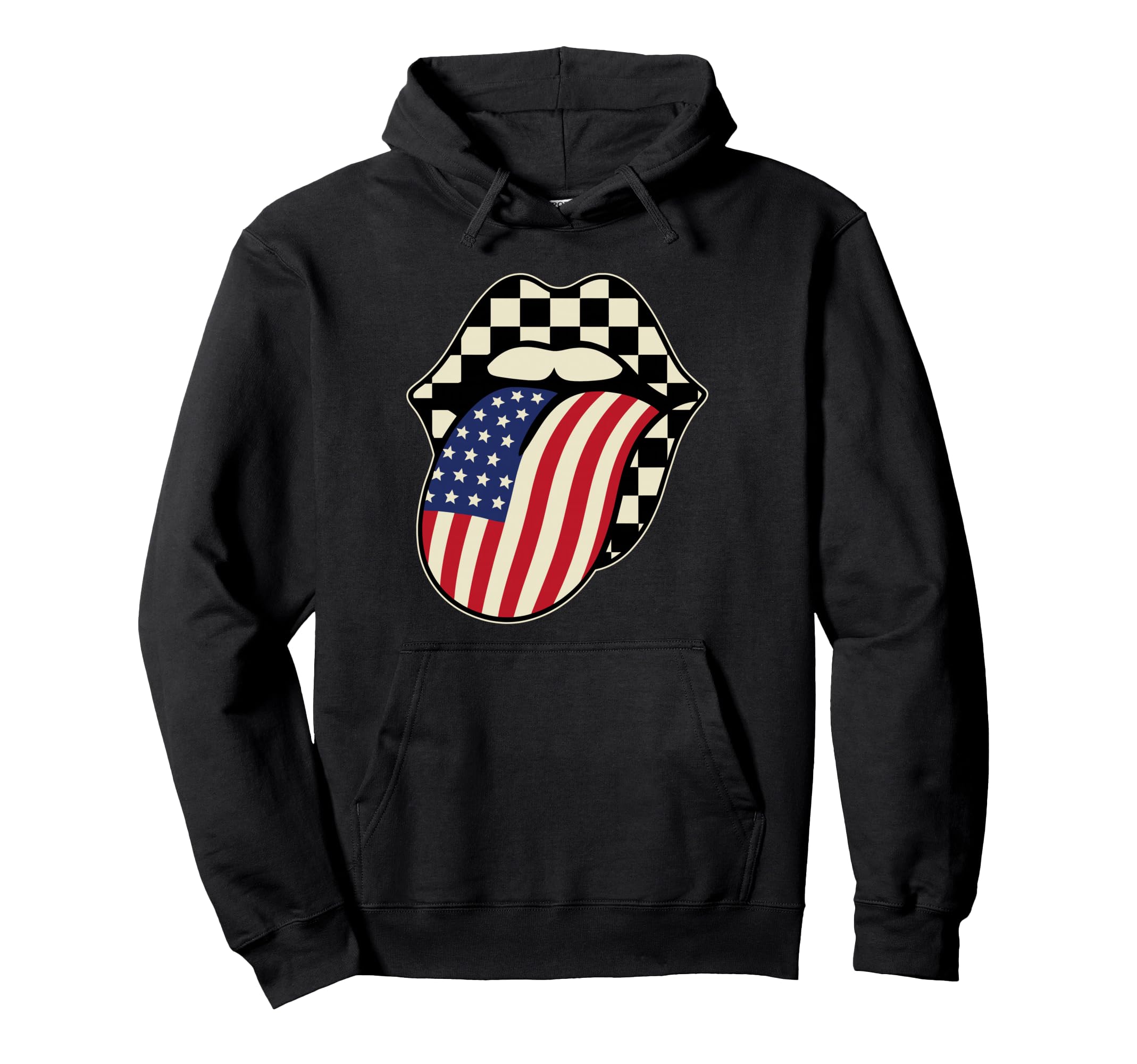 Checkered Lips Usa Flag Tongue American Hoodie - Fun Novelty Design Unisex - T-Shirt, Sweatshirt, Hoodie