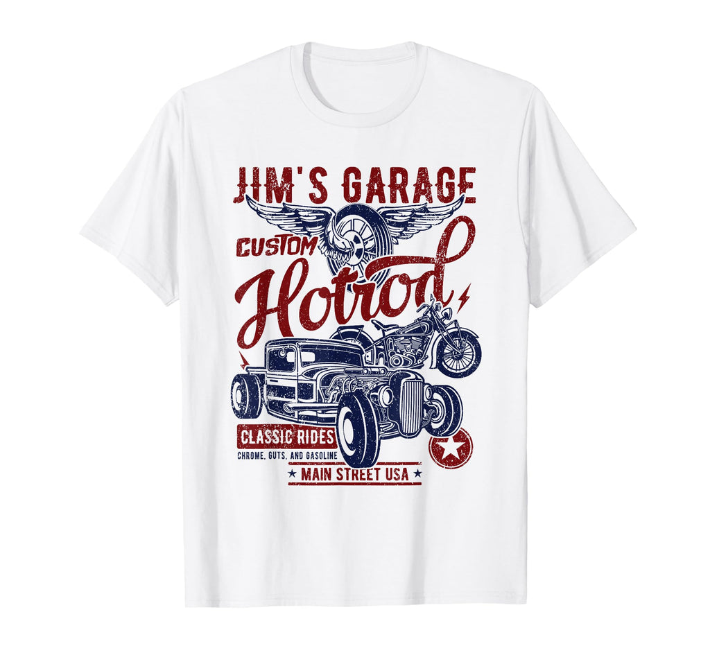 Jims Garage Custom Hotrod Rides T-Shirt - Fun Novelty Design Unisex - T-Shirt, Sweatshirt, Hoodie