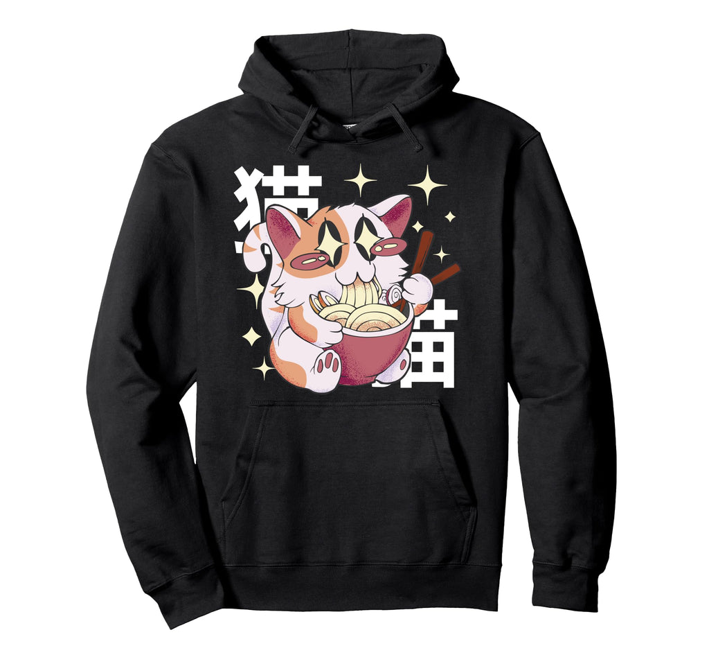 Happy Cat Eating Ramen Japan 80S Otaku Hoodie - Graphic Print Men Women - T-Shirt, Sweatshirt, Hoodie