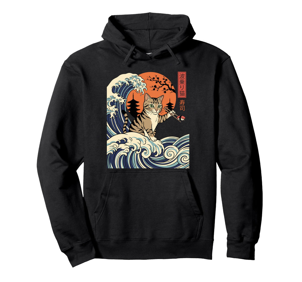 Japanese Wave Surfing Sushi Cat Ukiyo E Hoodie - Fun Novelty Design Unisex - T-Shirt, Sweatshirt, Hoodie