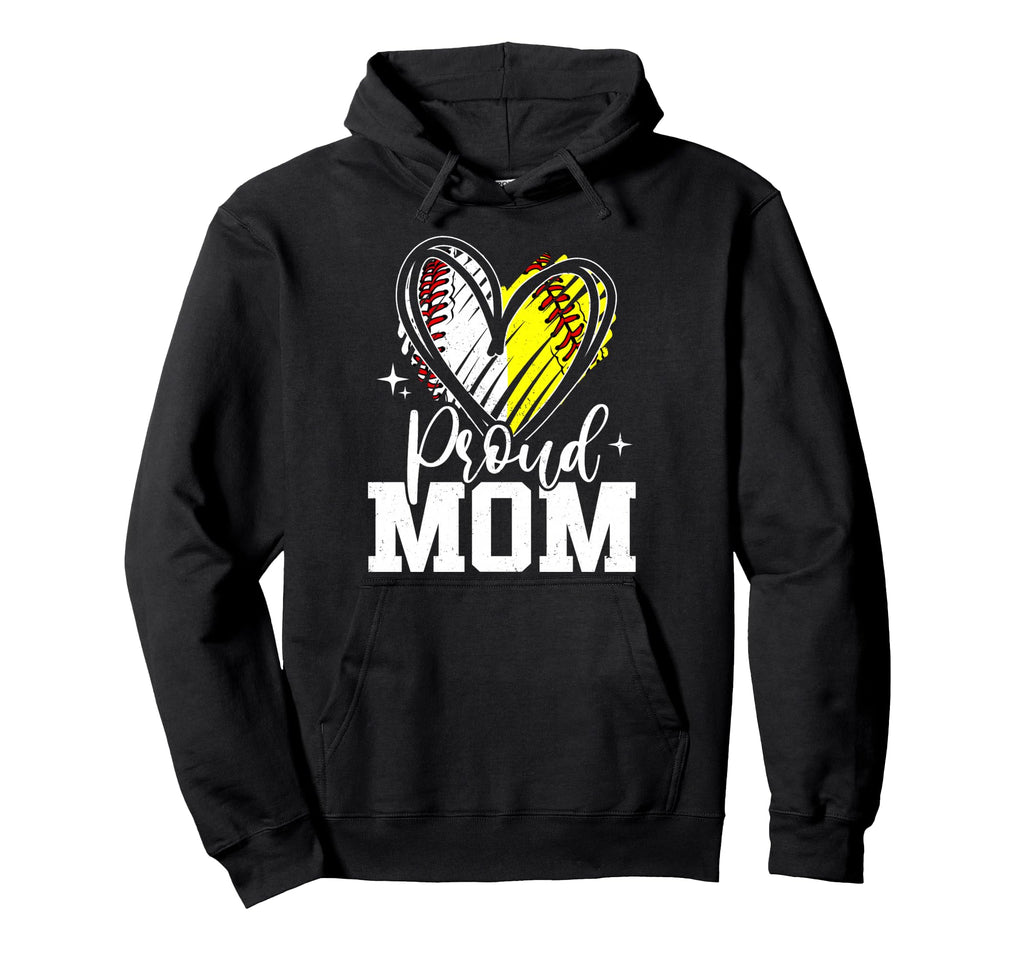 Proud Mom Baseball Softball Heart Mom Both Hoodie - Novelty Apparel Unisex - T-Shirt, Sweatshirt, Hoodie