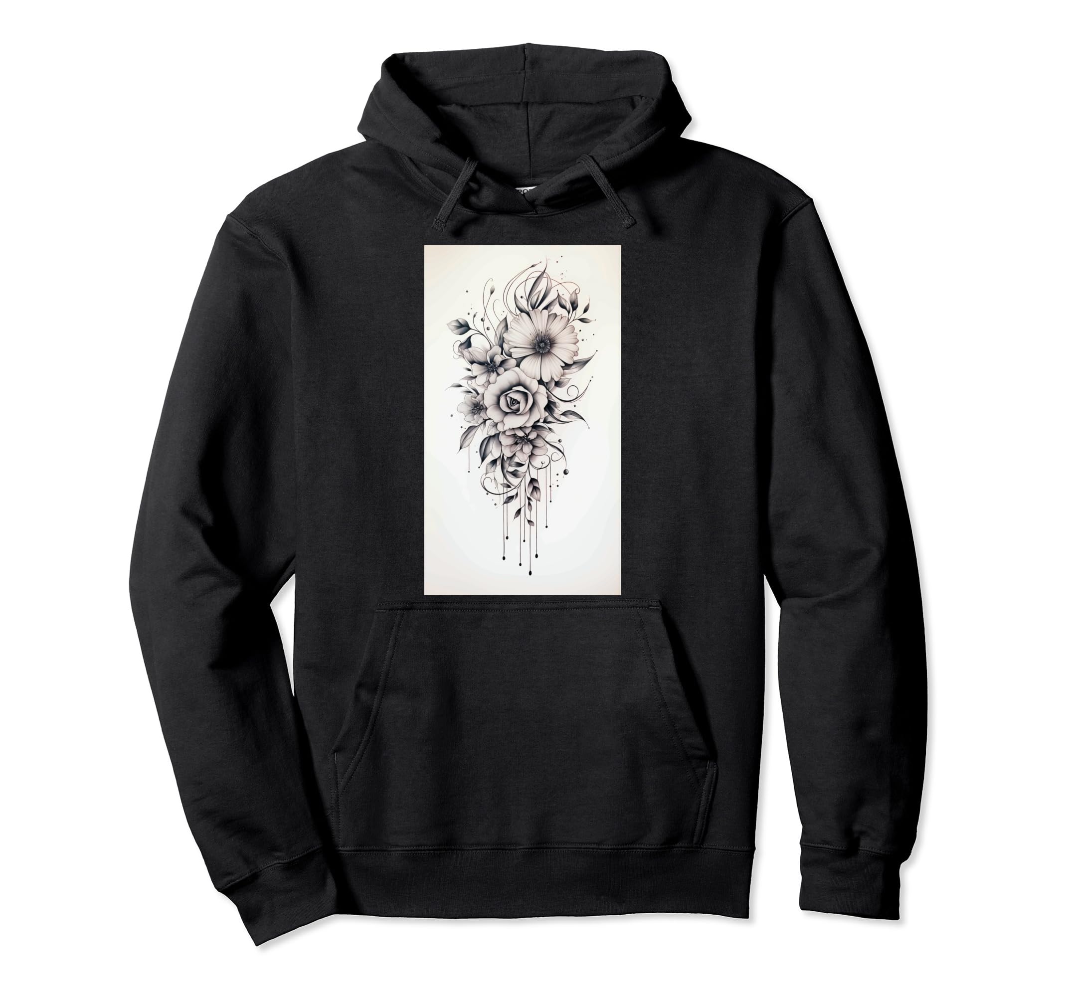 Boho Flowers Black And White Sketch Art Hoodie - Unique Graphic Men Women - T-Shirt, Sweatshirt, Hoodie