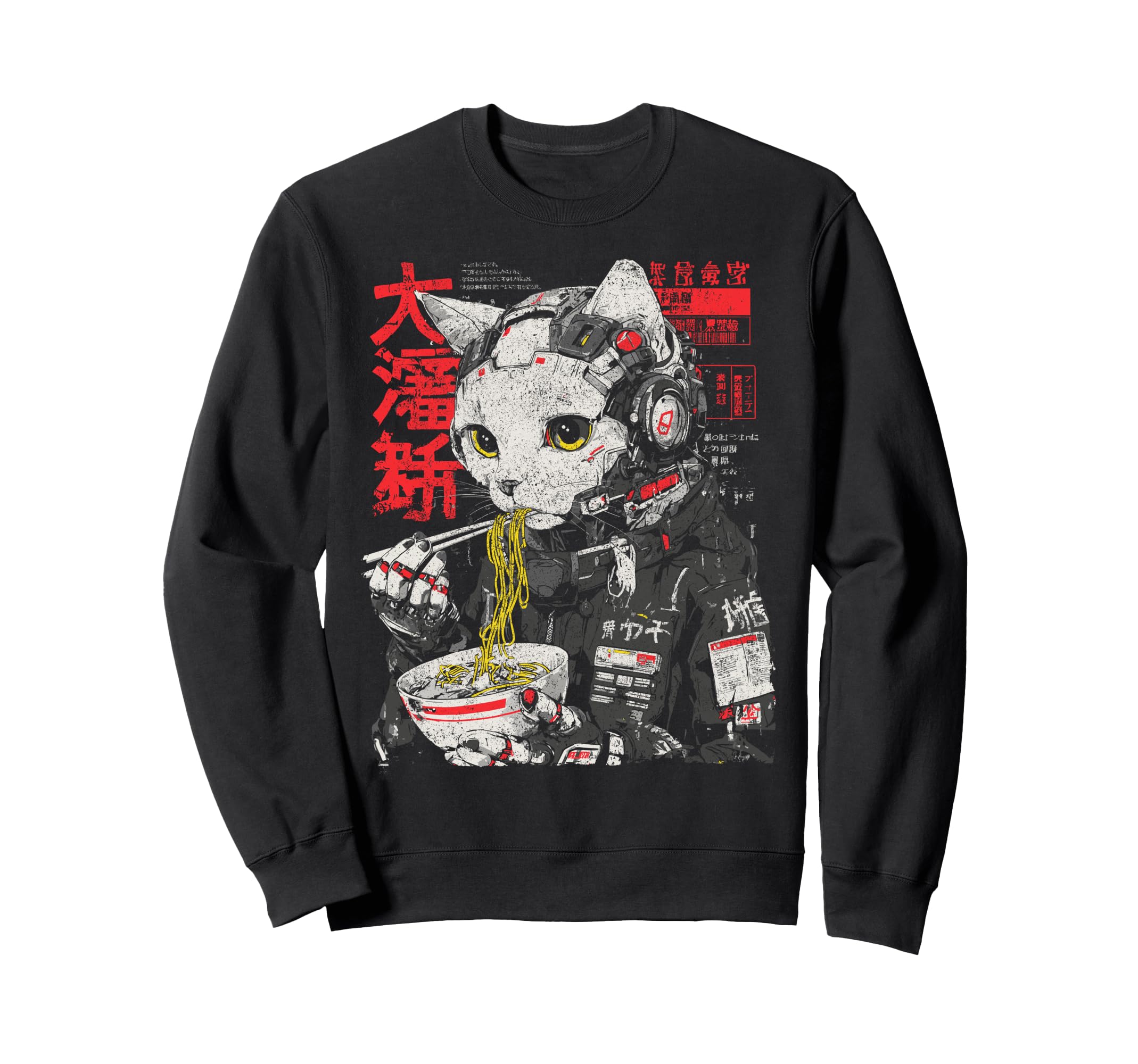 Japanese Streetwear Cat Eats Ramen Sweatshirt - Minimalist Print Unisex - T-Shirt, Sweatshirt, Hoodie