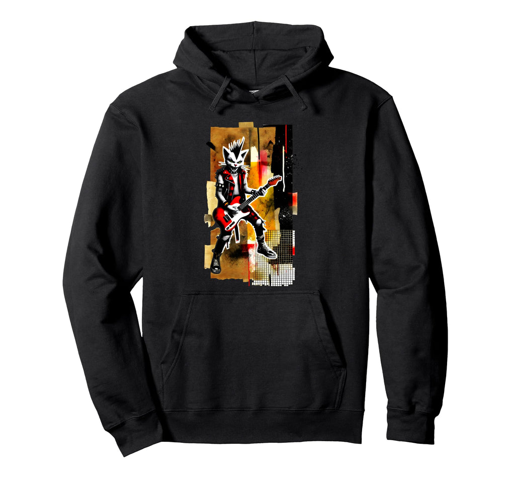 Distressed Cat Playing Guitar Punk Hoodie - Aesthetic Graphic for Adults - T-Shirt, Sweatshirt, Hoodie