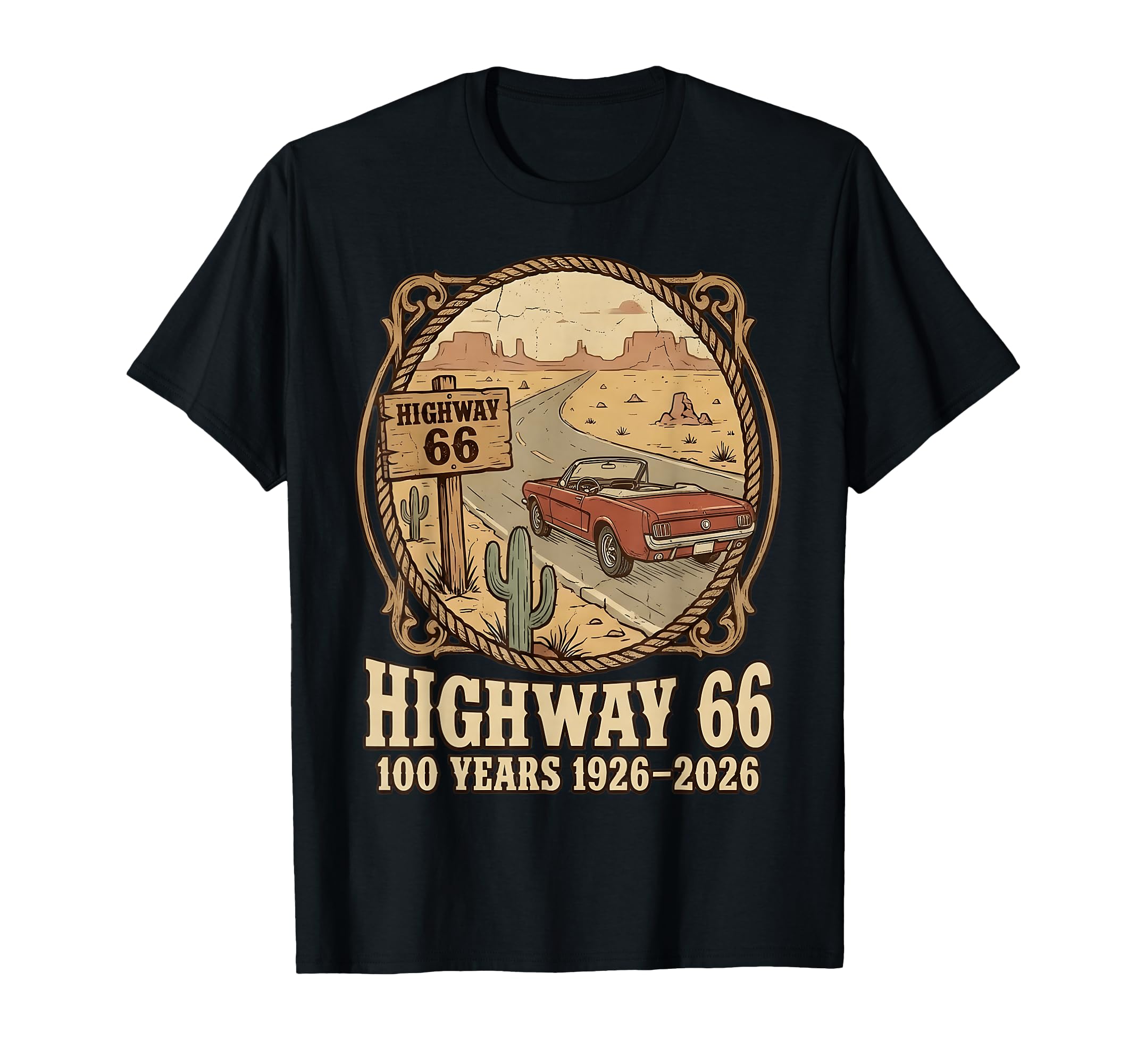 Highway 66 100 Years 1926 2026 Car T-Shirt - Novelty Apparel for Adults - T-Shirt, Sweatshirt, Hoodie