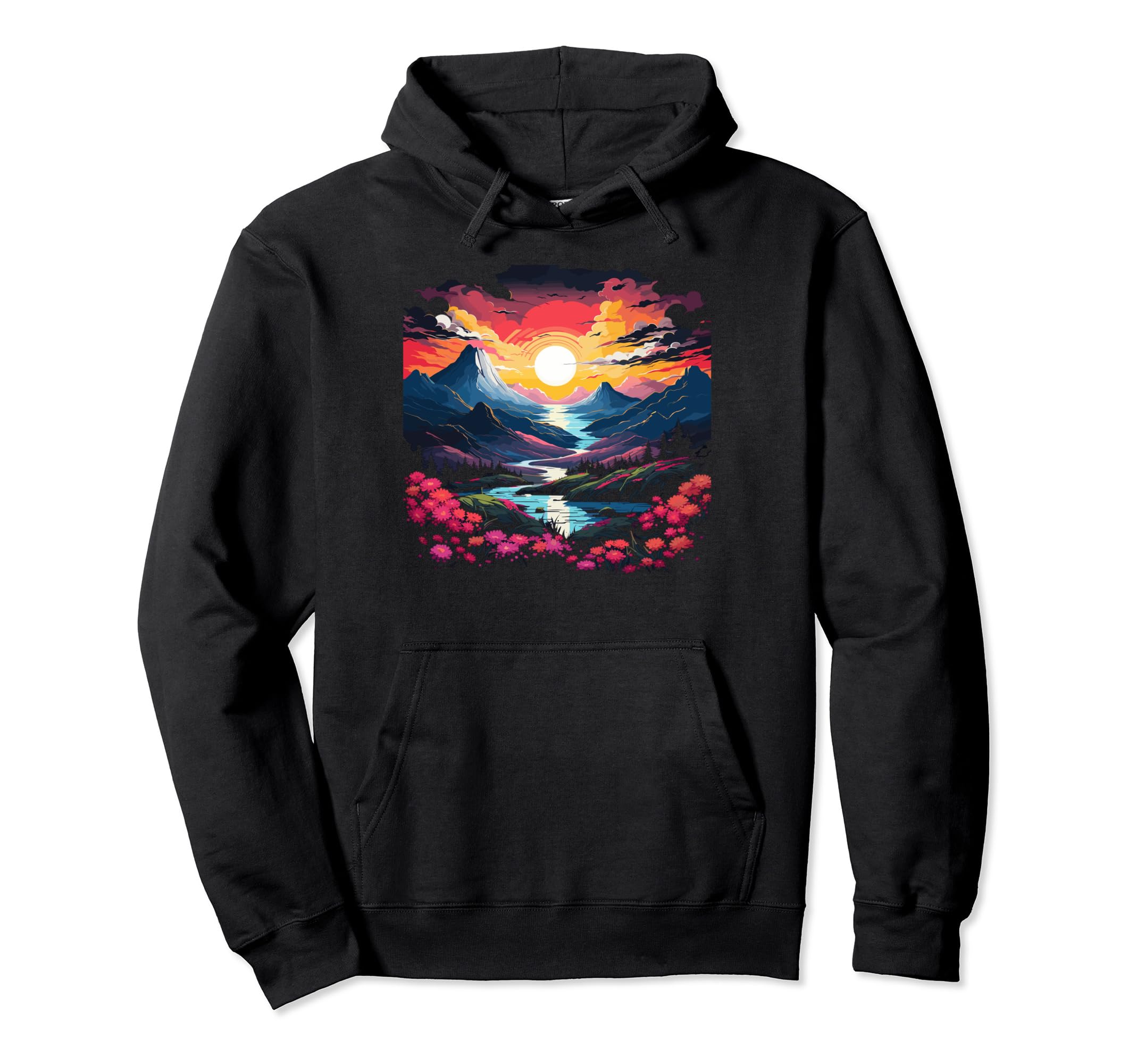 Spring Flower Landscape Japanese Sunset Hoodie - Custom Art Print Unisex - T-Shirt, Sweatshirt, Hoodie