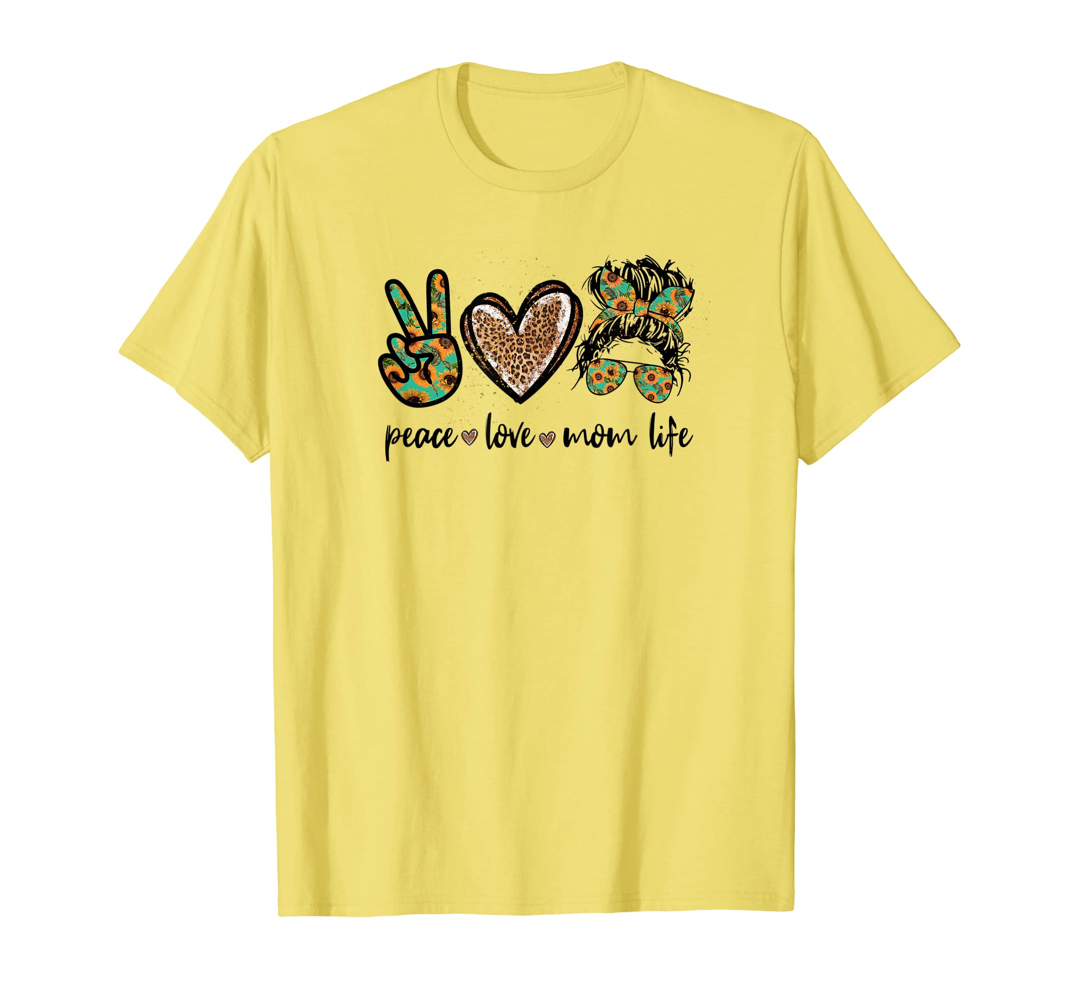 Messy Bun Mom Leopard Sunflower Peace T-Shirt - Novelty Apparel for Adults - T-Shirt, Sweatshirt, Hoodie