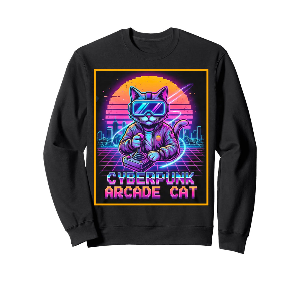 Cyberpunk Arcade Cat Synthwave Sweatshirt - Novelty Apparel for Adults - T-Shirt, Sweatshirt, Hoodie