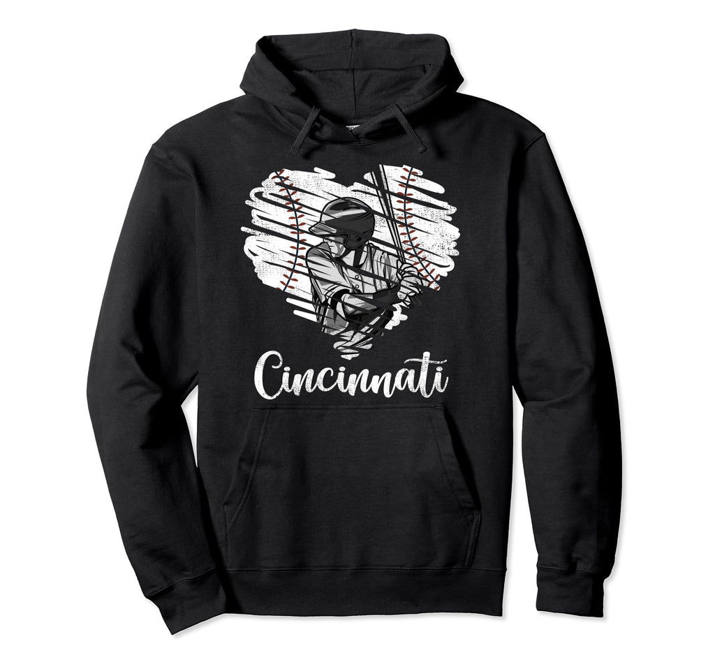 Cincinnati Baseball Heart Distressed Hoodie - Minimalist Print Men Women - T-Shirt, Sweatshirt, Hoodie