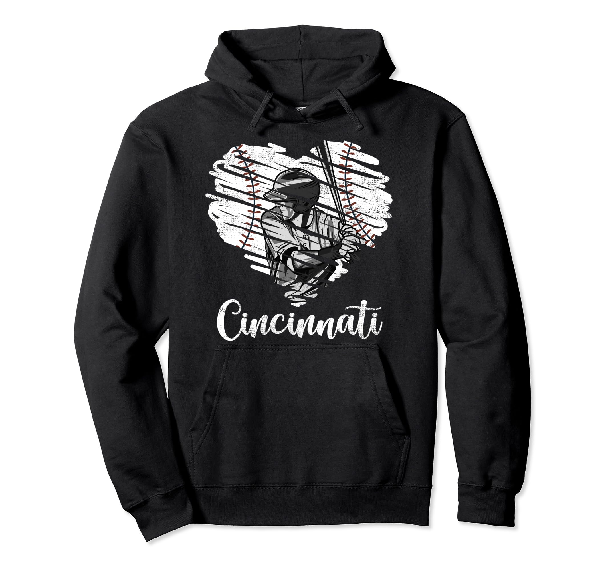 Cincinnati Baseball Heart Distressed Hoodie - Minimalist Print Men Women - T-Shirt, Sweatshirt, Hoodie