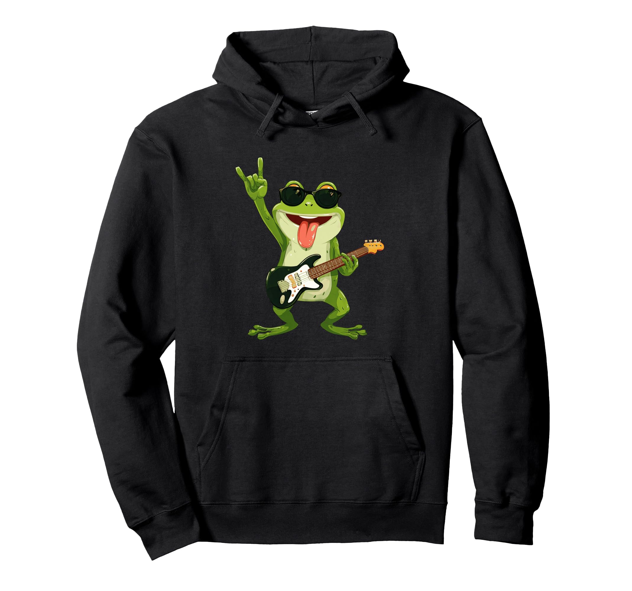 Rock Frog Guitar Player Cartoon Hoodie - Fun Novelty Design Men Women - T-Shirt, Sweatshirt, Hoodie
