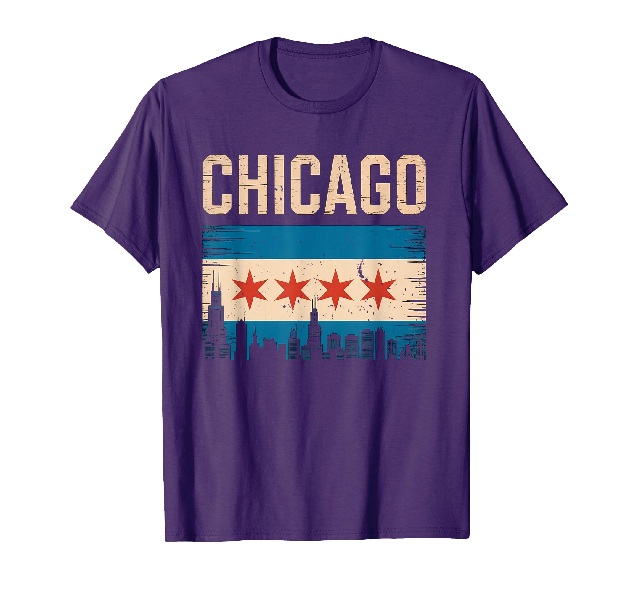 Chicago Skyline Flag Distressed T-Shirt - Custom Art Print Men Women - T-Shirt, Sweatshirt, Hoodie
