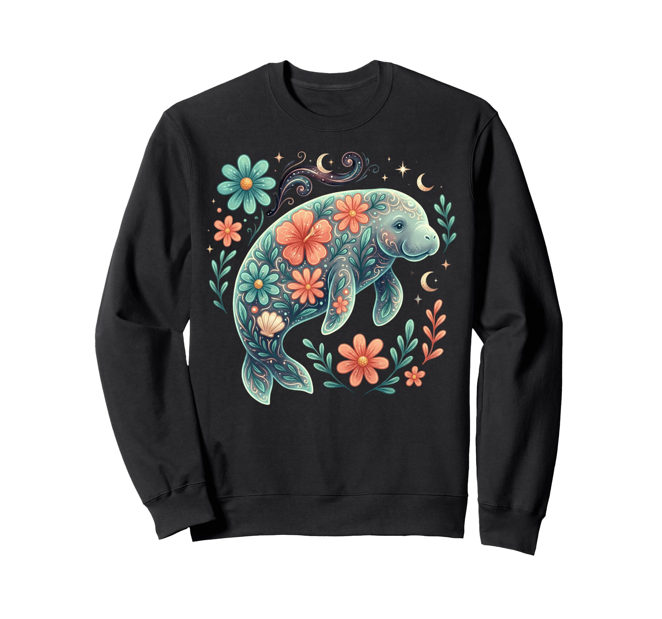 Floral Boho Manatee Summer Coastal Sweatshirt - Trendy Graphic for Adults - T-Shirt, Sweatshirt, Hoodie