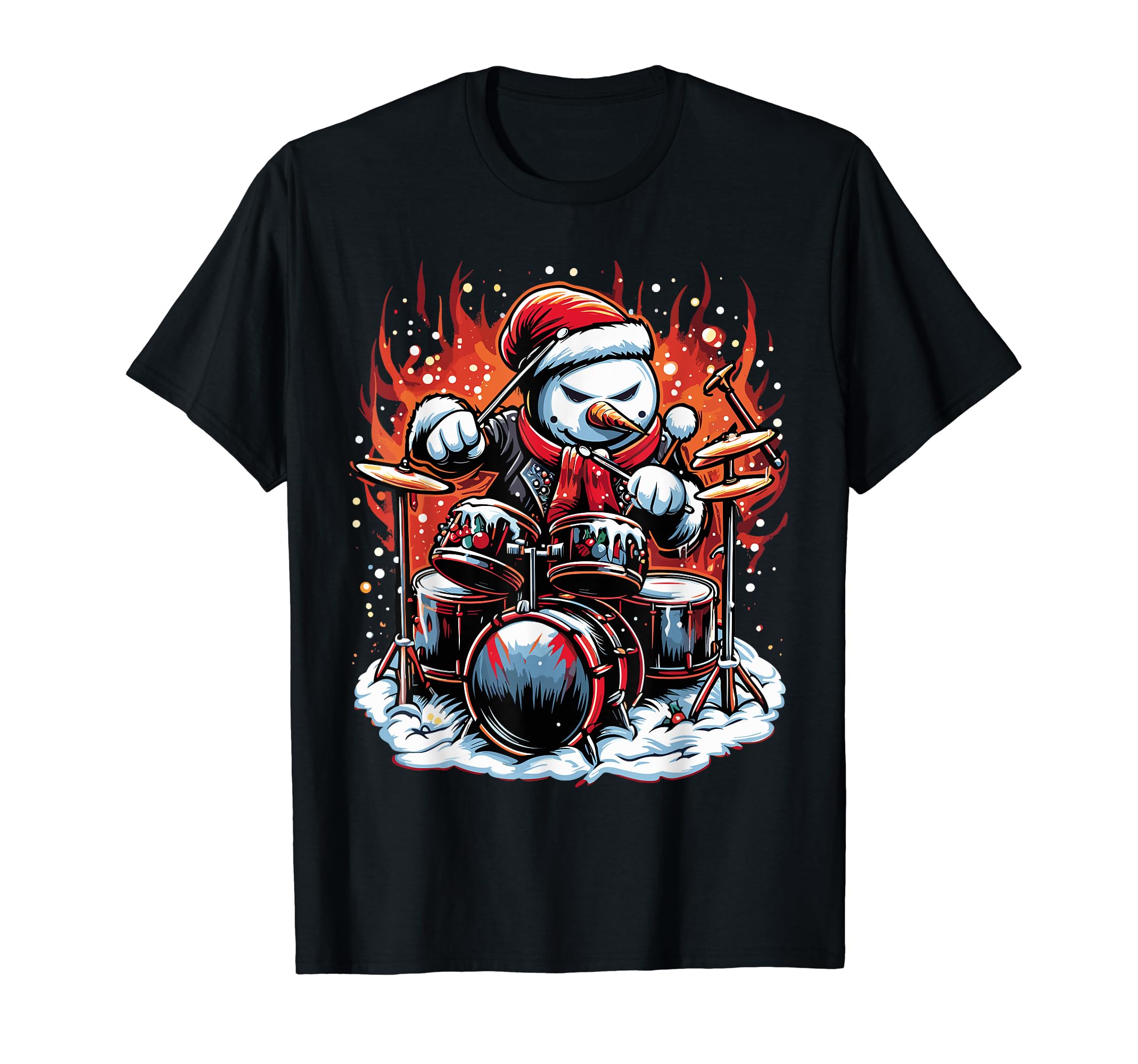 Rockin Drums Snowman Drummer Firestorm T-Shirt - Fun Novelty Design Unisex - T-Shirt, Sweatshirt, Hoodie