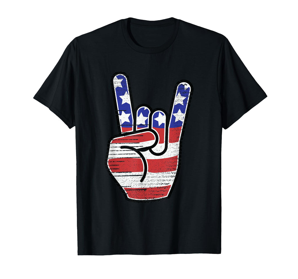Rock N Roll Usa Flag Horns Sign Concert T-Shirt - Novelty Apparel Unisex - T-Shirt, Sweatshirt, Hoodie