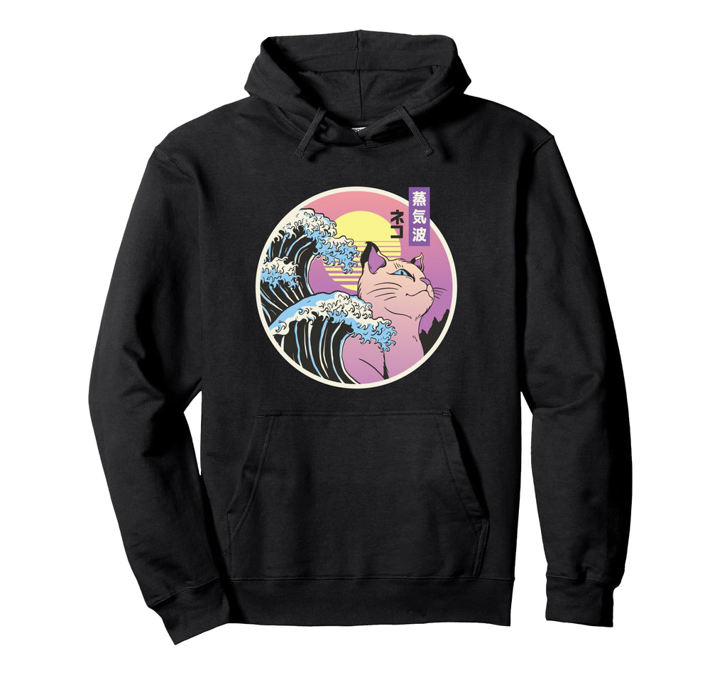 Japanese Vaporwave Wave Cat Aesthetic Hoodie - Minimalist Print Unisex - T-Shirt, Sweatshirt, Hoodie