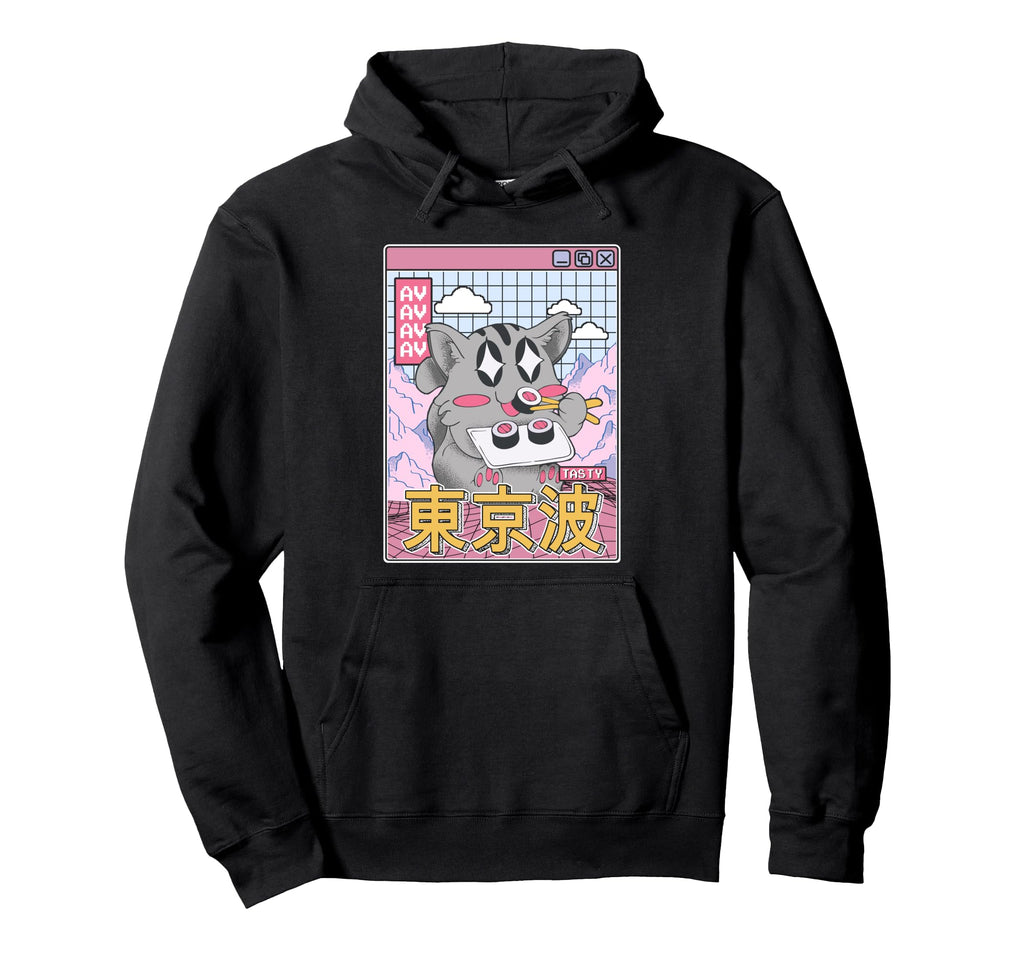Happy Cat Eating Sushi Vaporwave Hoodie - Aesthetic Graphic Men Women - T-Shirt, Sweatshirt, Hoodie