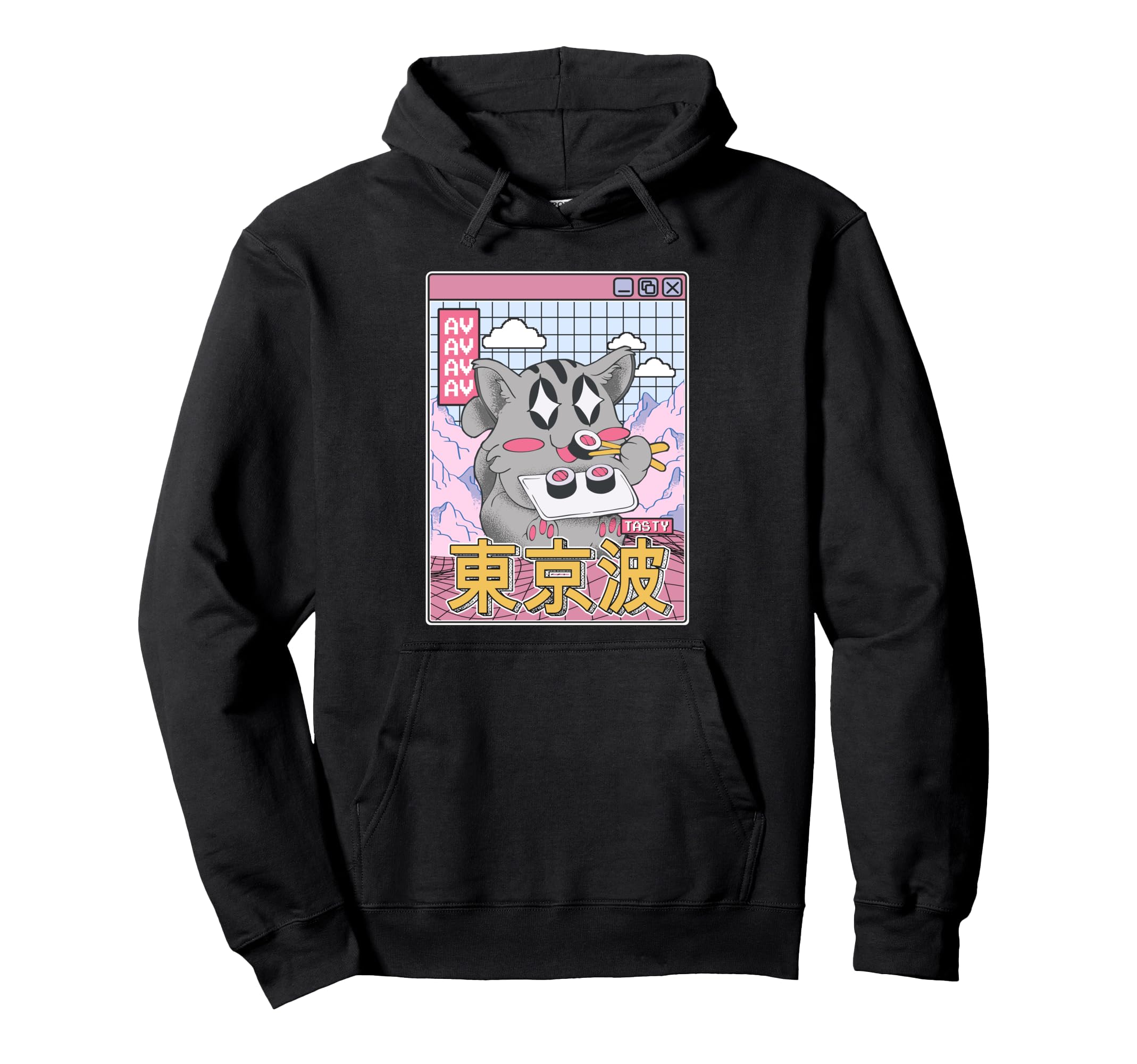 Happy Cat Eating Sushi Vaporwave Hoodie - Aesthetic Graphic Men Women - T-Shirt, Sweatshirt, Hoodie