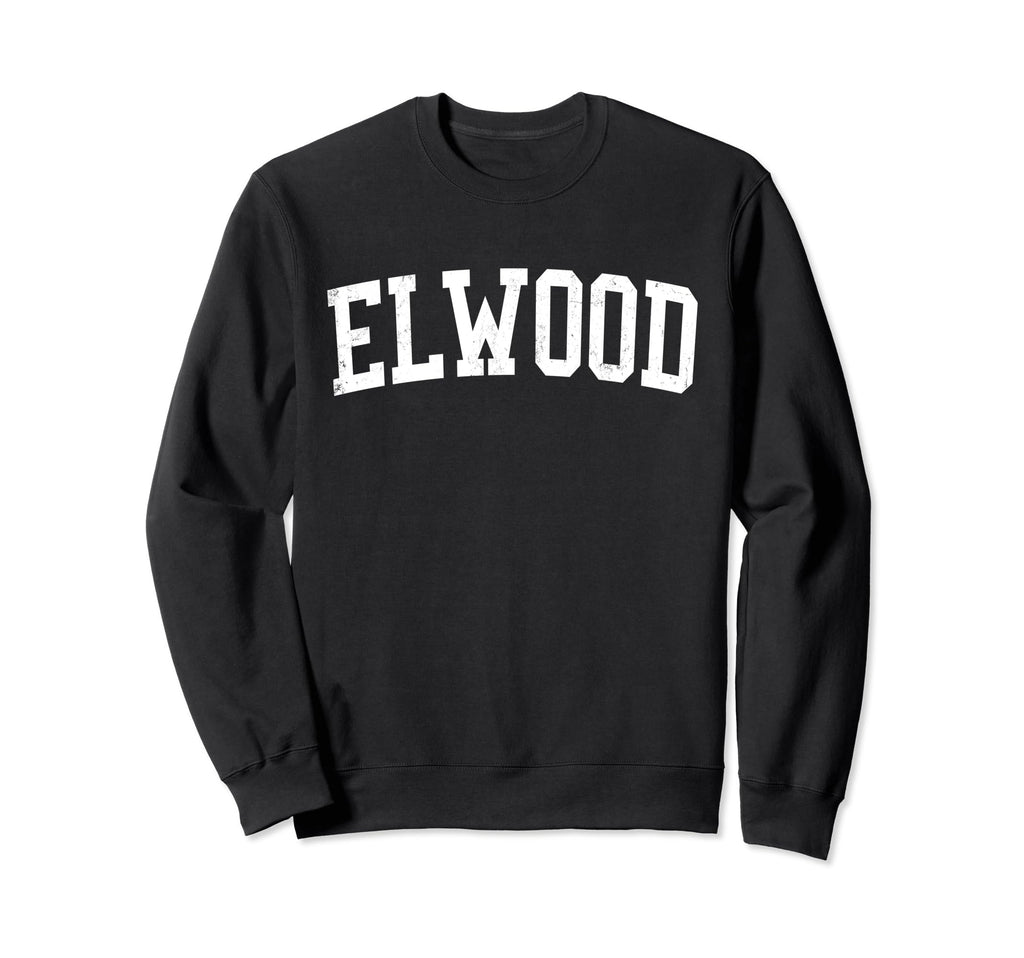 Elwood Distressed White Varsity Sweatshirt - Unique Graphic for Adults - T-Shirt, Sweatshirt, Hoodie