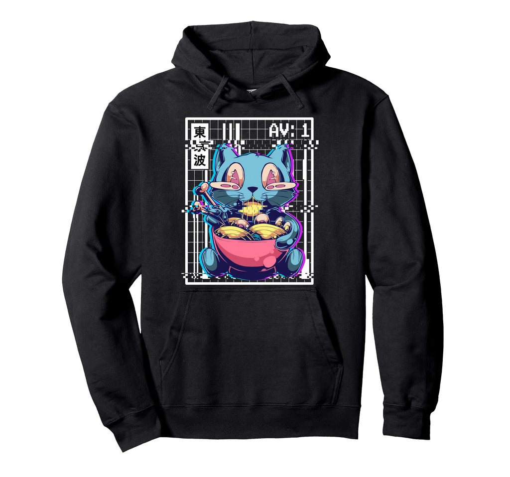 Weirdcore Cat Ramen Glitch Vaporwave Hoodie - Graphic Print Unisex - T-Shirt, Sweatshirt, Hoodie