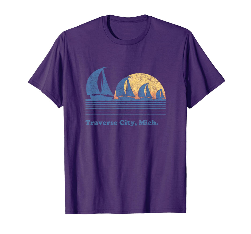 Traverse City Mi Sailboat 80S T-Shirt - Fun Novelty Design for Adults - T-Shirt, Sweatshirt, Hoodie
