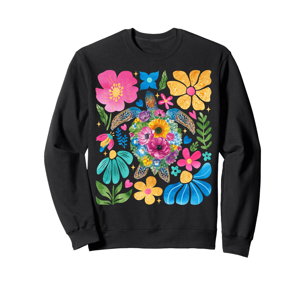 Sea Turtle Boho Summer Floral Groovy Sweatshirt - Aesthetic Graphic Unisex - T-Shirt, Sweatshirt, Hoodie