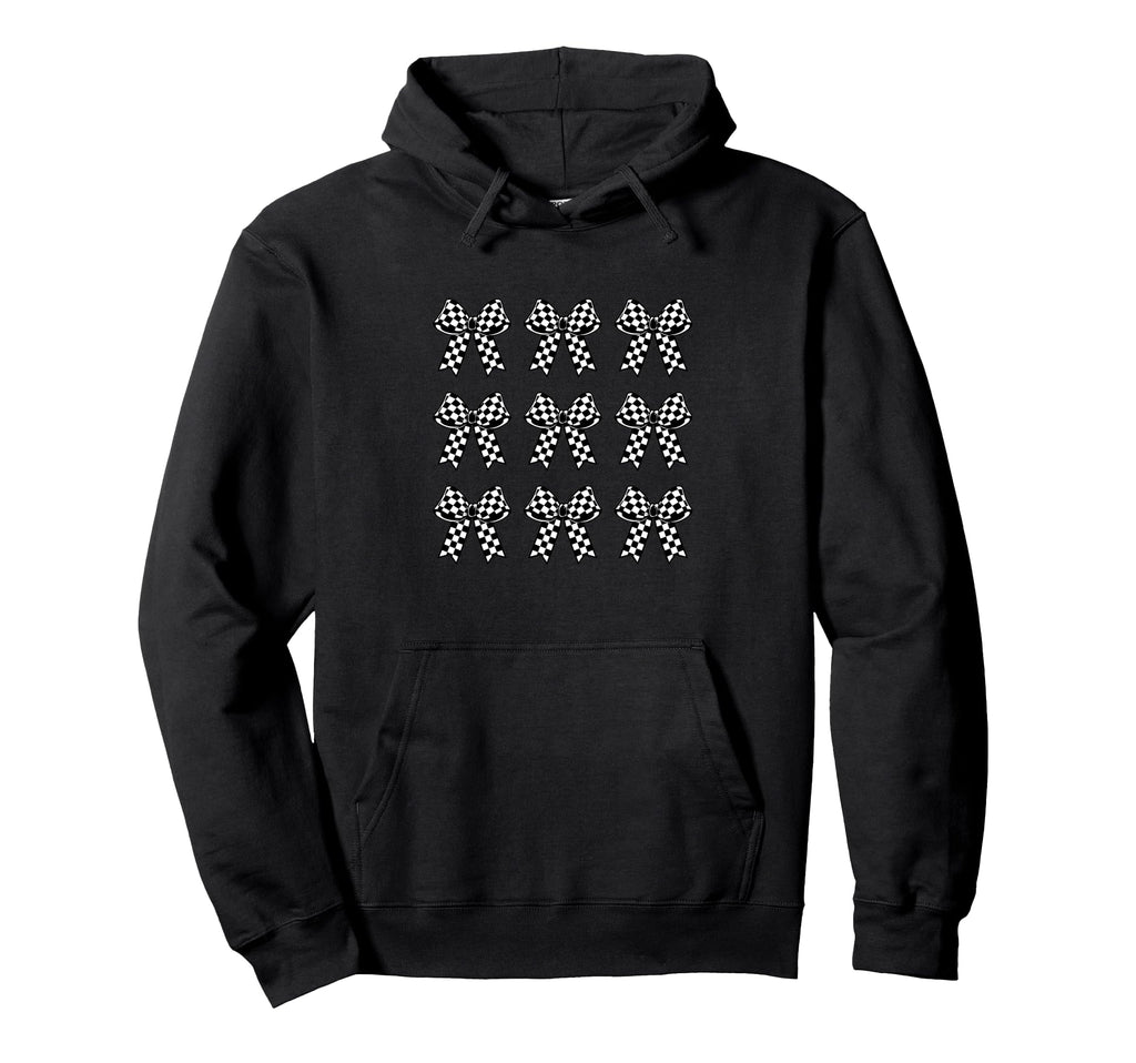 Coquette Checkered Bow Black Dark Hoodie - Graphic Print for Adults - T-Shirt, Sweatshirt, Hoodie