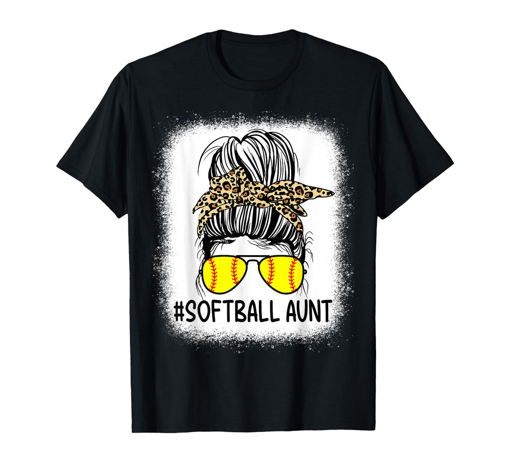 Softball Aunt Leopard Messy Bun Softball T-Shirt - Novelty Apparel Unisex - T-Shirt, Sweatshirt, Hoodie
