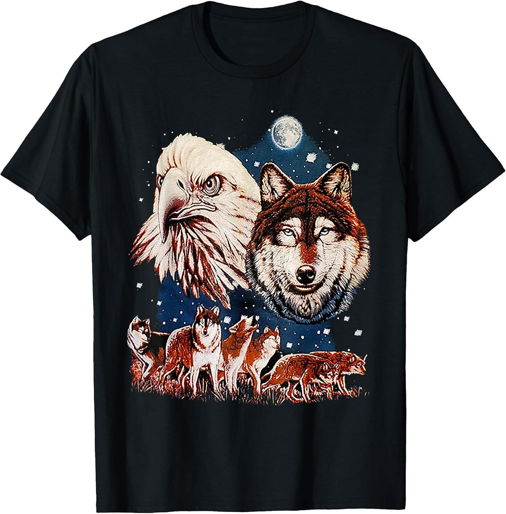 Vintage Eagle and Wolf At Moon - Adult & Kids T-Shirts, Sweatshirts & Hoodies apparel design preview 1