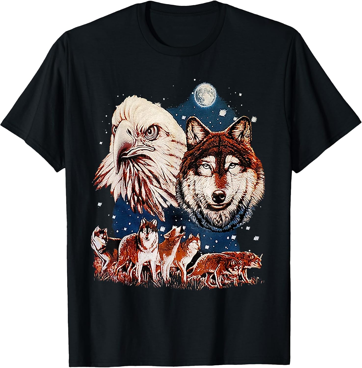 Vintage Eagle and Wolf At Moon - Adult & Kids T-Shirts, Sweatshirts & Hoodies apparel design preview 1