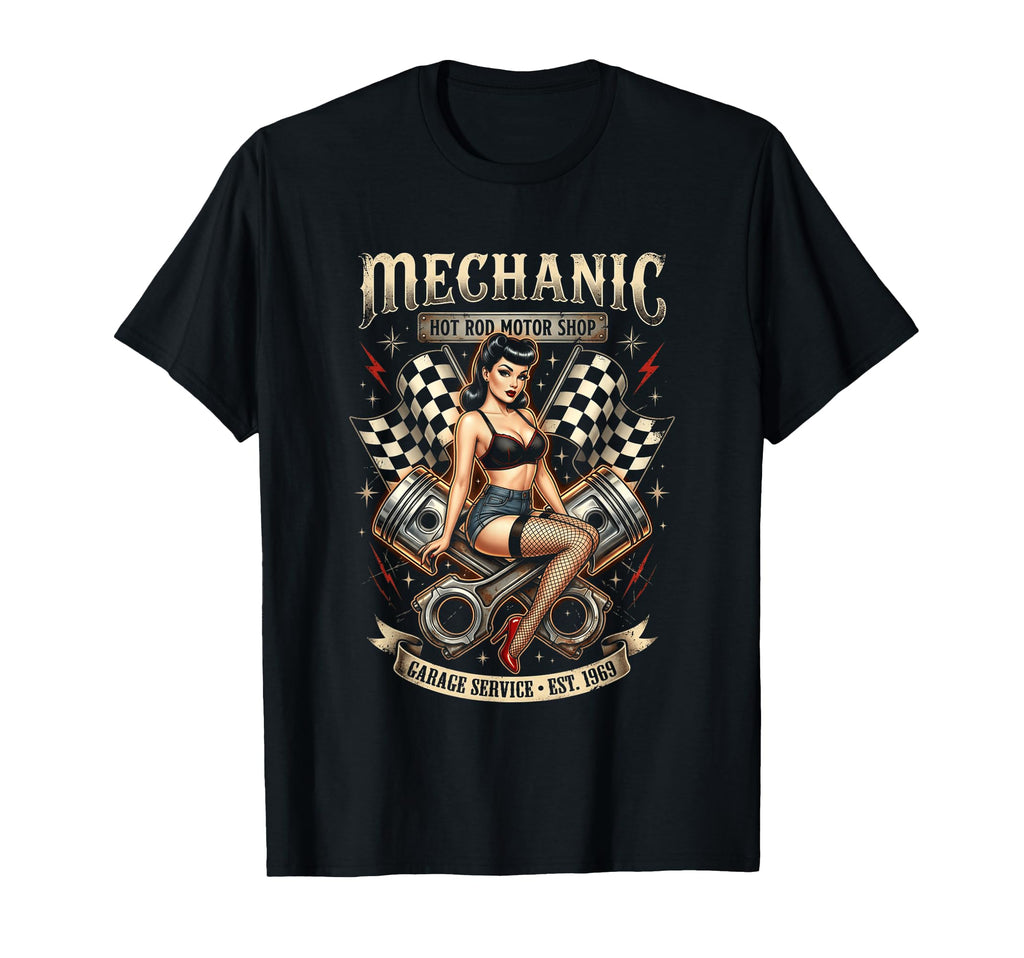 Mechanic Hot Rod Garage Pin Up T-Shirt - Graphic Print Men Women - T-Shirt, Sweatshirt, Hoodie