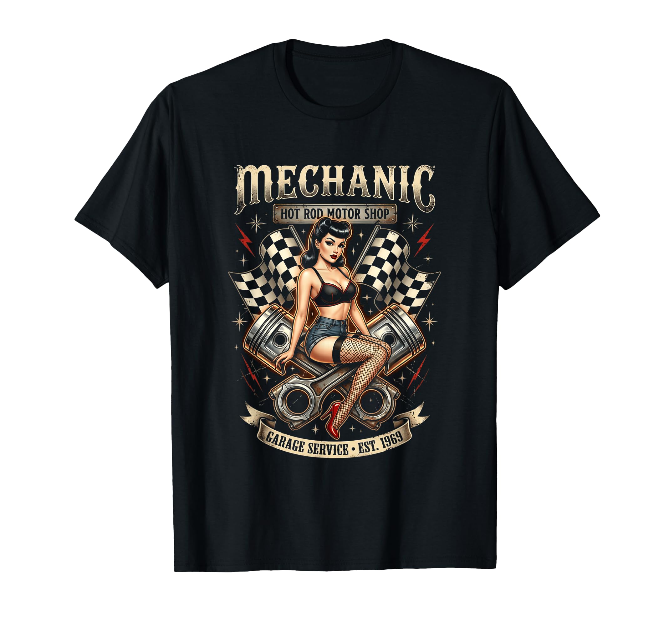 Mechanic Hot Rod Garage Pin Up T-Shirt - Graphic Print Men Women - T-Shirt, Sweatshirt, Hoodie