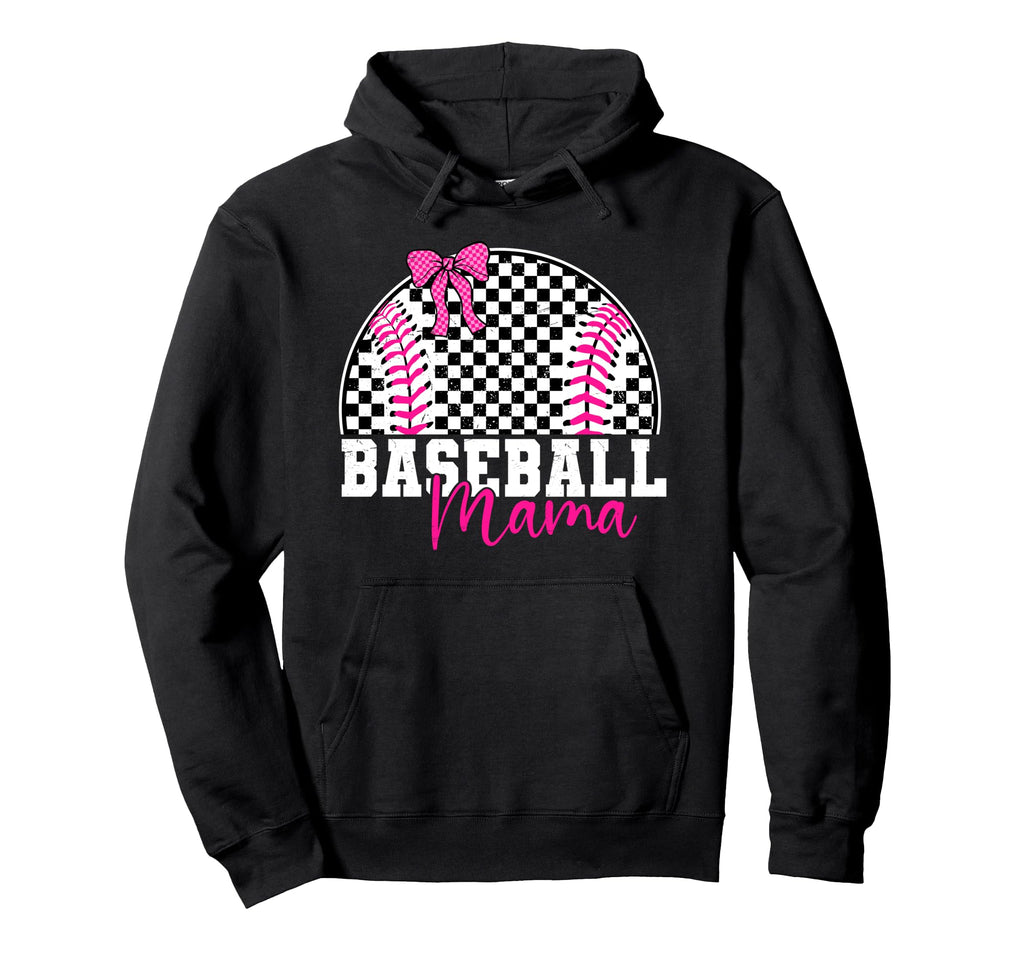 Checkered Baseball Mama Bow Varsity Mom Hoodie - Graphic Print Unisex - T-Shirt, Sweatshirt, Hoodie