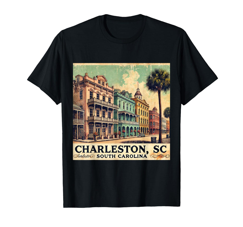 Charleston Sc Postcard Rainbow Row T-Shirt - Novelty Apparel for Adults - T-Shirt, Sweatshirt, Hoodie