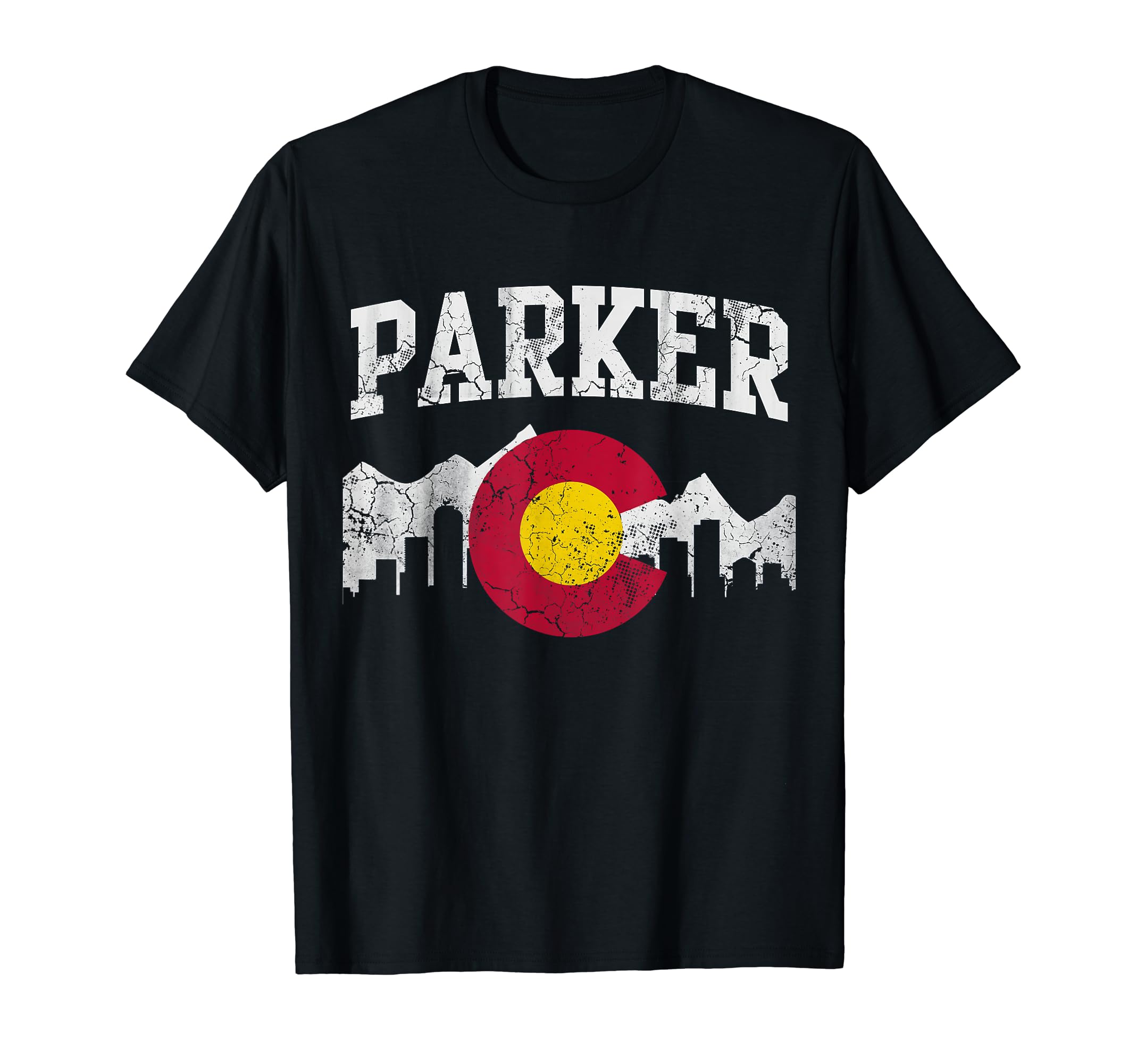 Parker Colorado Flag Skyline Distressed T-Shirt - Unique Graphic for Adults - T-Shirt, Sweatshirt, Hoodie