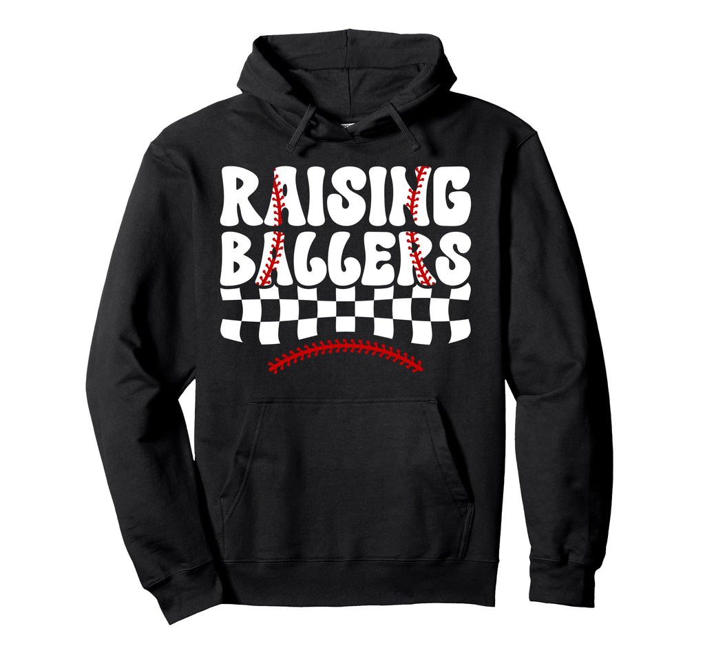 Raising Ballers Groovy Softball Baseball Mom Hoodie - Trendy Graphic Unisex - T-Shirt, Sweatshirt, Hoodie