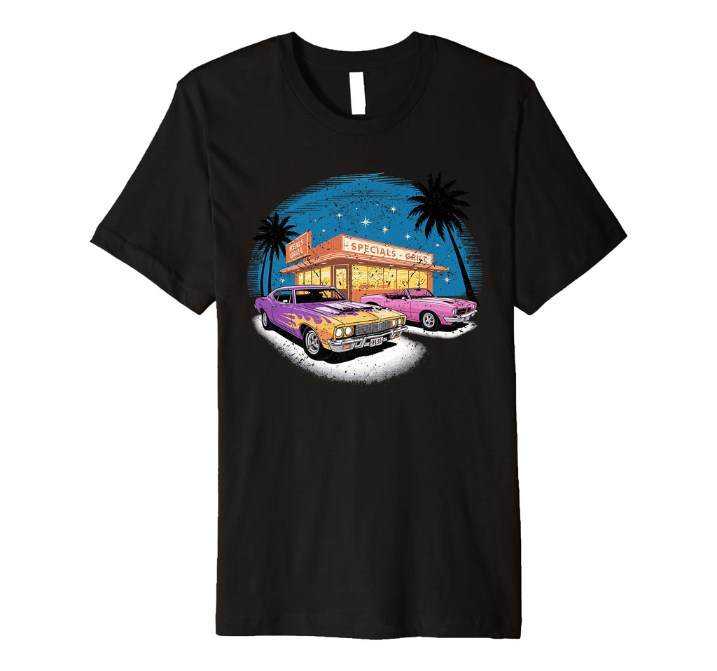 Colorful Muscle Cars Diner Night Scene T-Shirt - Graphic Print for Adults - T-Shirt, Sweatshirt, Hoodie