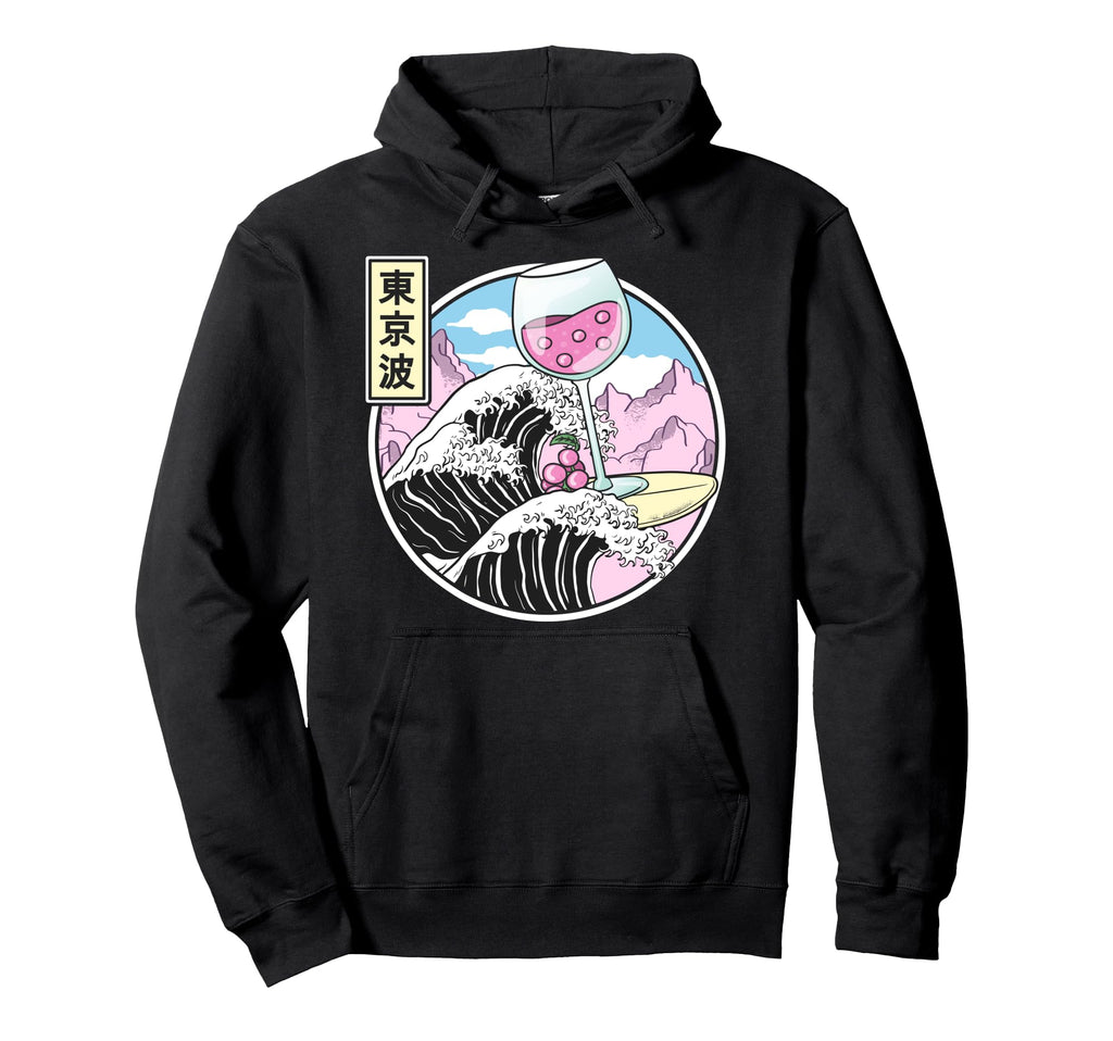 Surfing Wine Glass Kanagawa Wave Kawaii Hoodie - Custom Art Print Unisex - T-Shirt, Sweatshirt, Hoodie