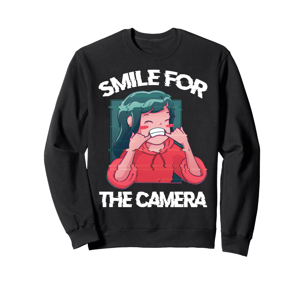 Vaporwave Smile Camera Glitchy Anime Sweatshirt - Unique Graphic Men Women - T-Shirt, Sweatshirt, Hoodie