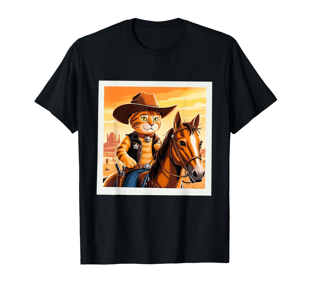 Funny Cat Sheriff Riding Horse Western T-Shirt - Custom Art Print Unisex - T-Shirt, Sweatshirt, Hoodie