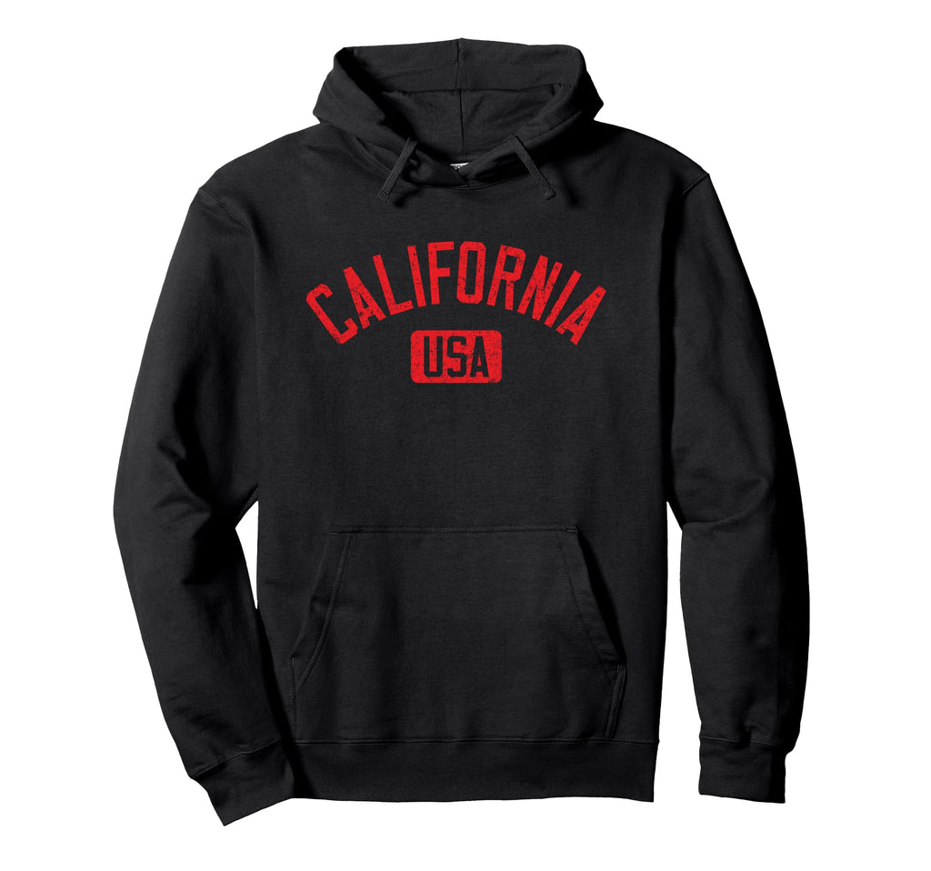 California Usa Arched Text Distressed Red Hoodie - Novelty Apparel Unisex - T-Shirt, Sweatshirt, Hoodie