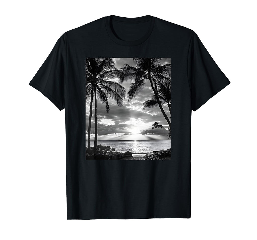 Black White Photo Palm Trees Sunset T-Shirt - Custom Art Print Men Women - T-Shirt, Sweatshirt, Hoodie