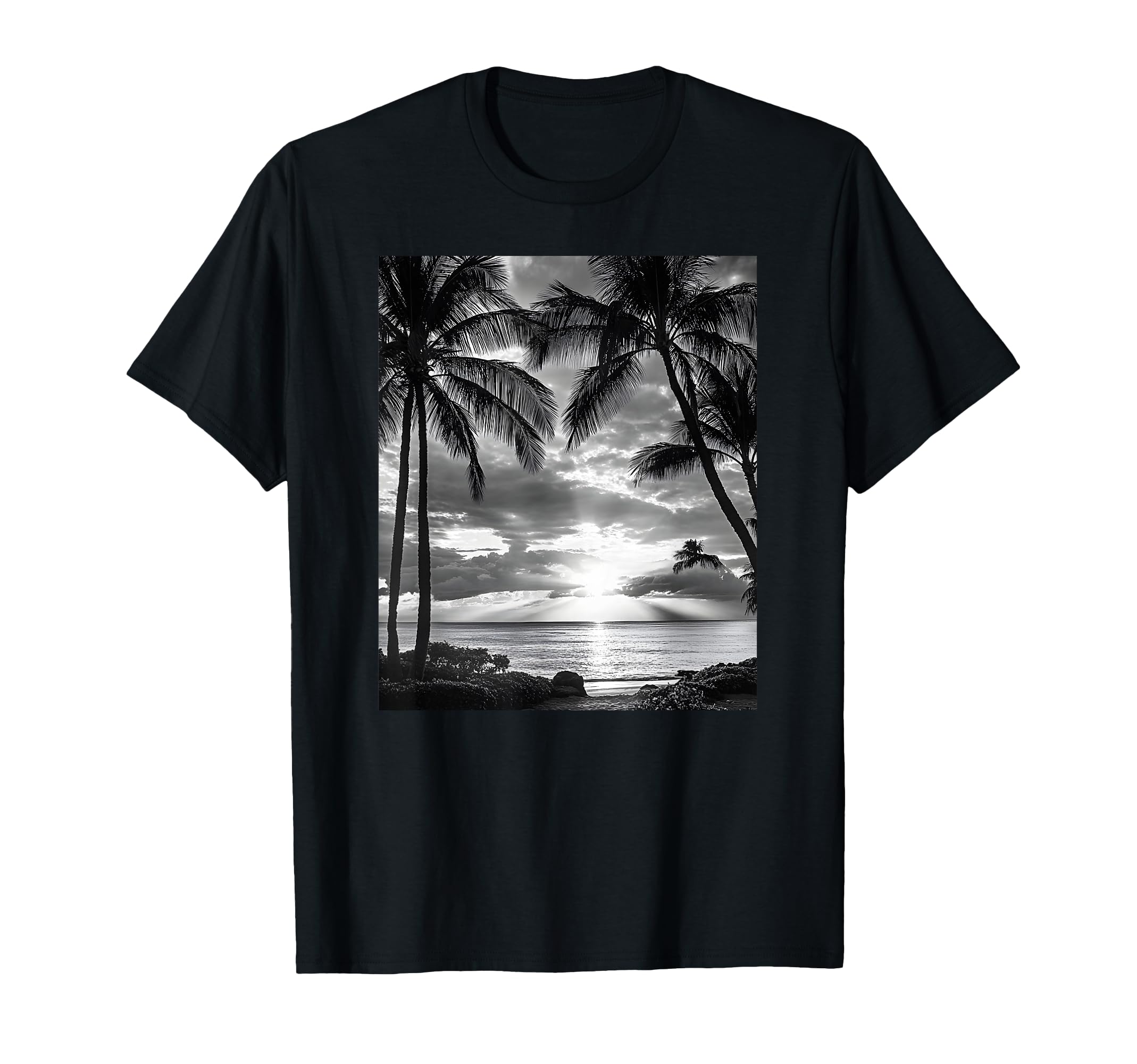 Black White Photo Palm Trees Sunset T-Shirt - Custom Art Print Men Women - T-Shirt, Sweatshirt, Hoodie