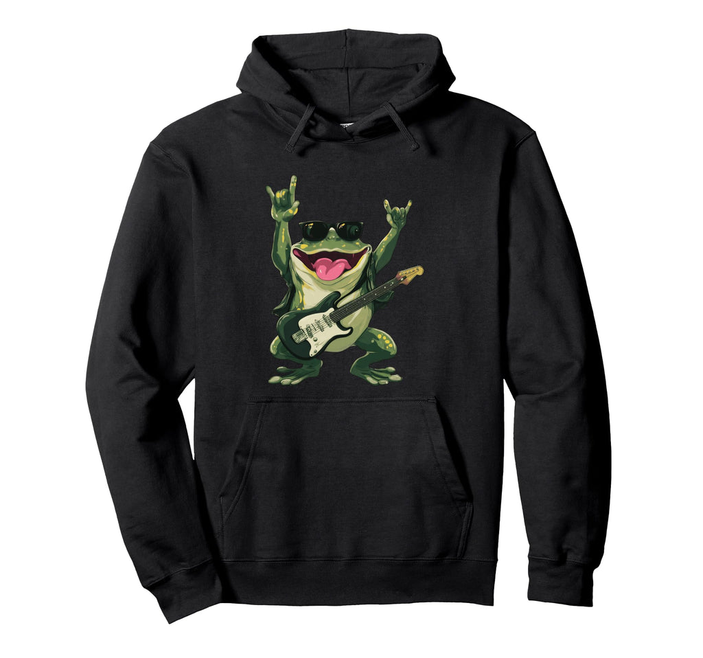 Funny Rock Frog Guitar Player Cartoon Hoodie - Minimalist Print for Adults - T-Shirt, Sweatshirt, Hoodie