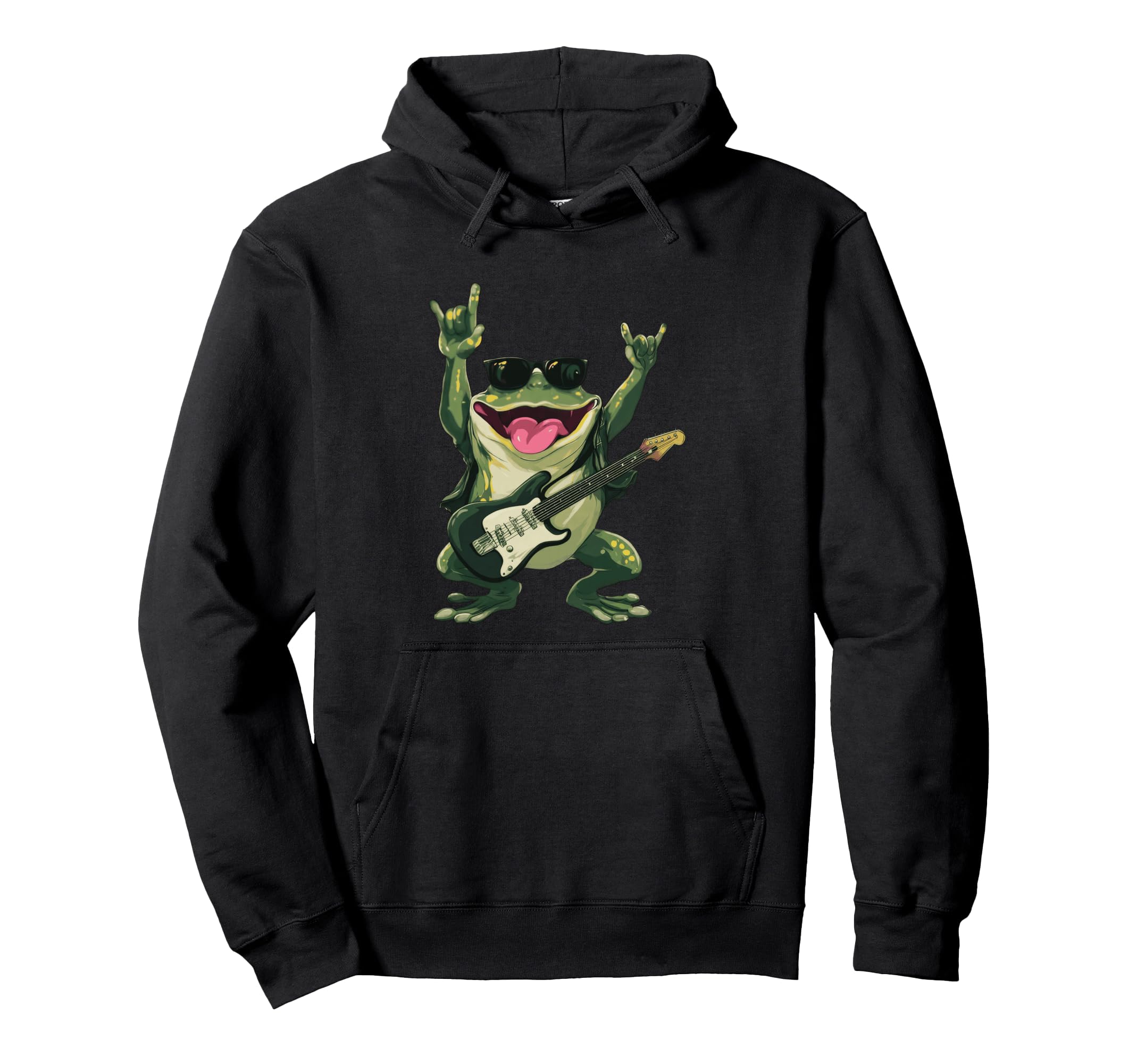 Funny Rock Frog Guitar Player Cartoon Hoodie - Minimalist Print for Adults - T-Shirt, Sweatshirt, Hoodie